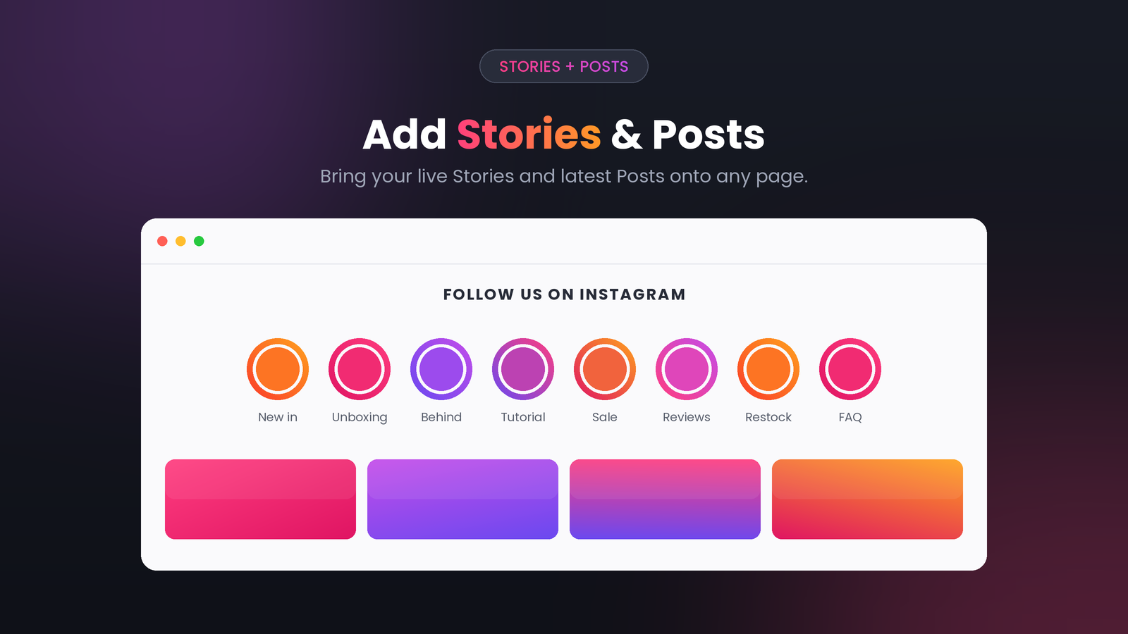 Instagram Stories highlight bubbles and posts embedded on a store page