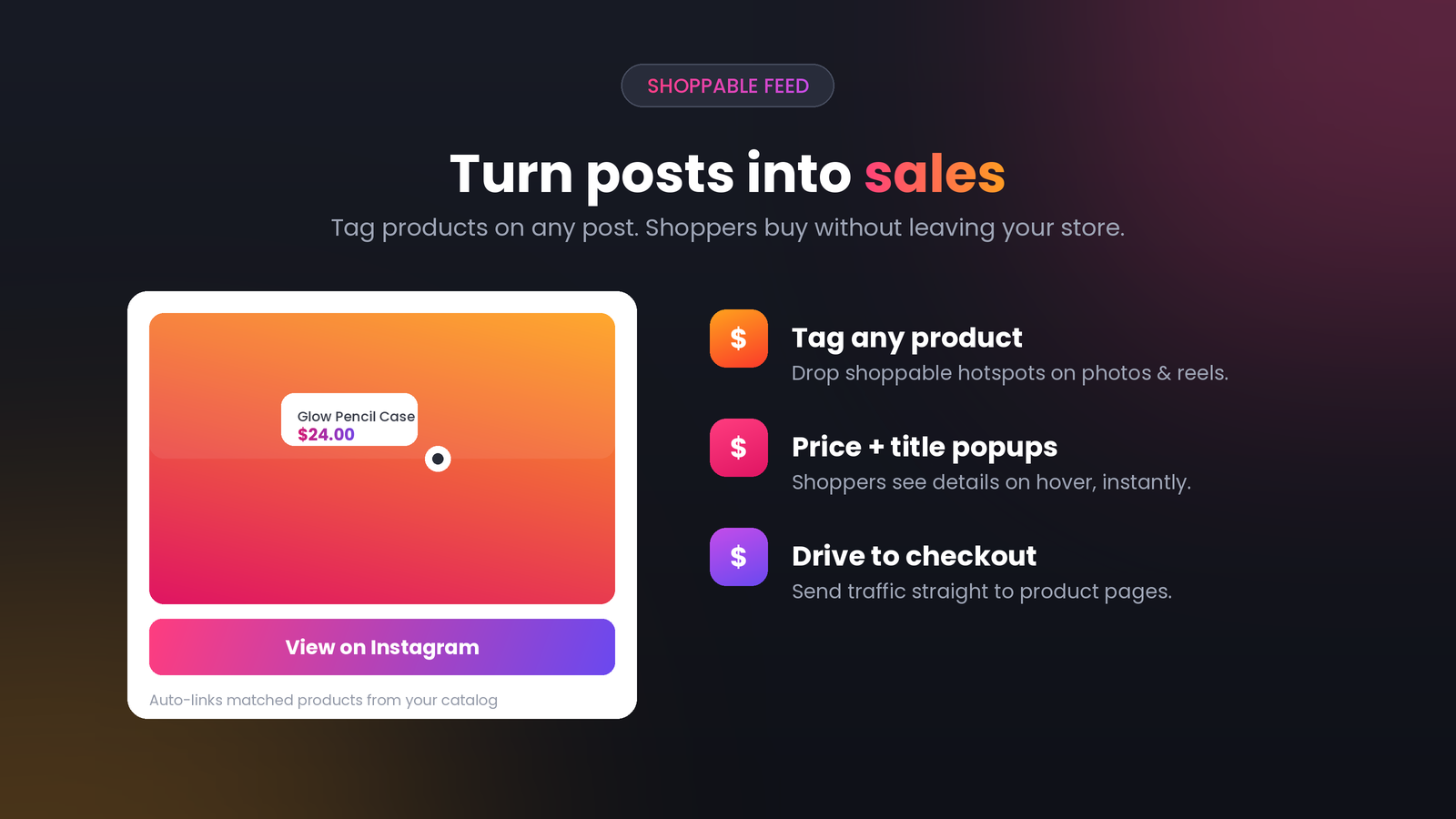 Shoppable post with product hotspot, price popup, and View on Instagram button